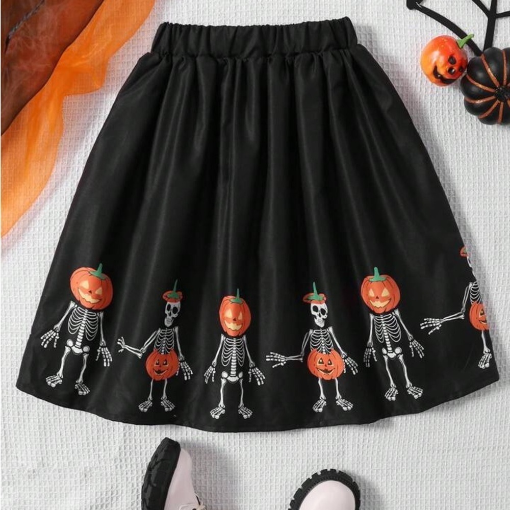 Tween Girl Halloween Skeleton Pumpkin Graphic Print Elastic Waist Skirt - Picture 1 of 3